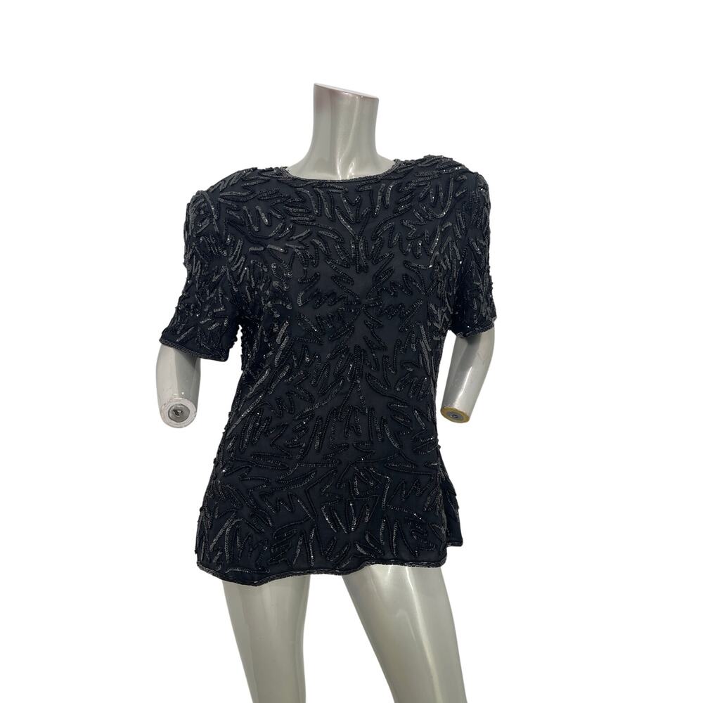 Gold Star vintage 80s black sequin short-sleeved silk top size L